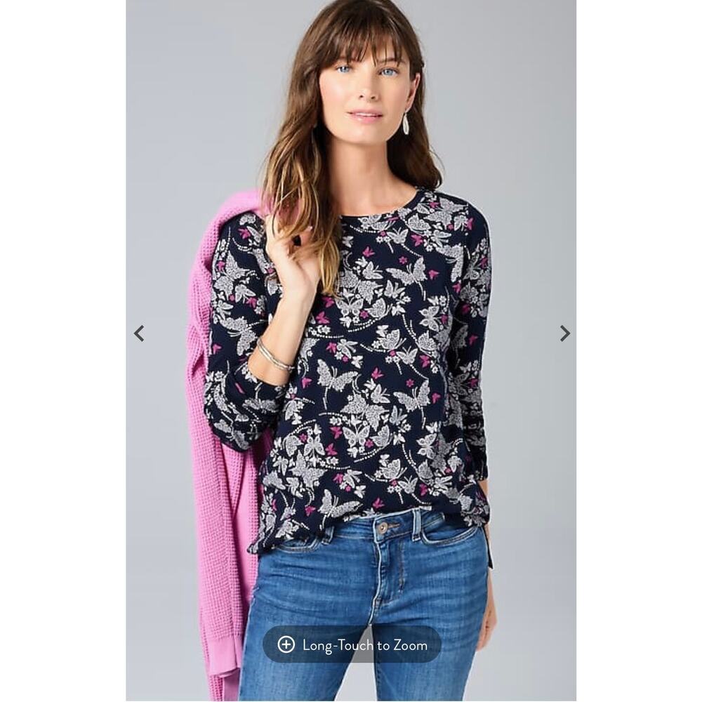 J. Jill Long-Sleeve Pima Crew-Neck Tee “Ink Sprightly Butterfly” size S Office